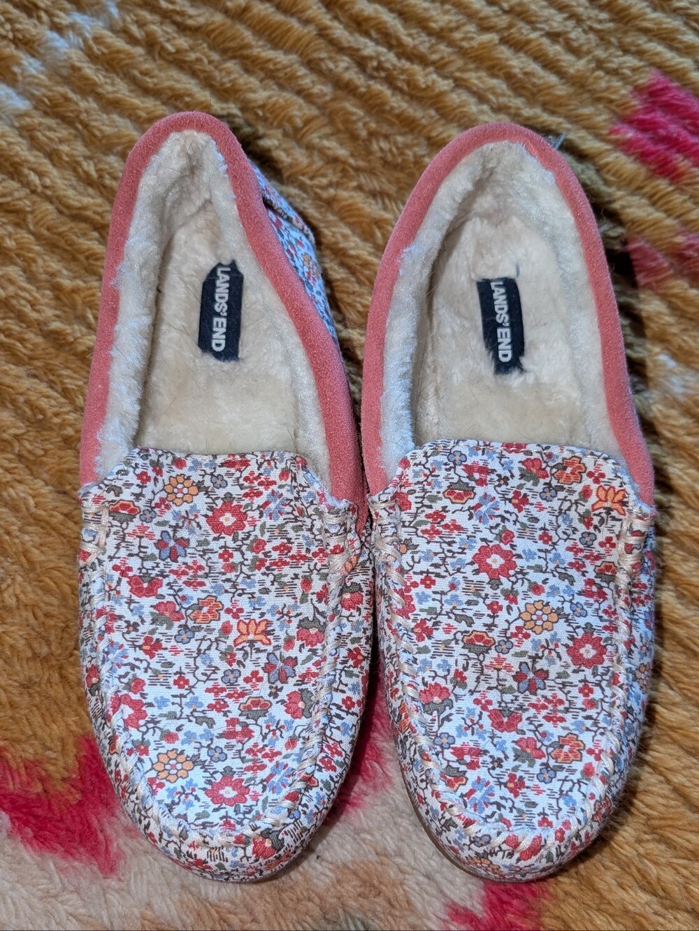 Lands' End Pink Floral Faux-Fur Lined Women's Slip-On Slippers